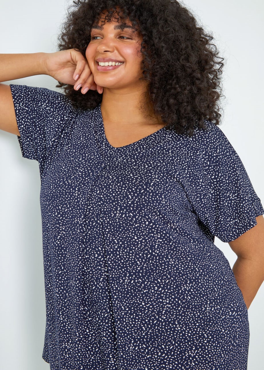 Roman Navy Curve Ditsy Spot Print V-Neck Stretch Top