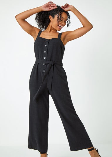 Roman Black Petite Sleeveless Linen Blend Jumpsuit