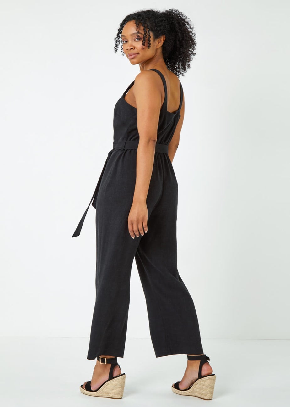 Roman Black Petite Sleeveless Linen Blend Jumpsuit