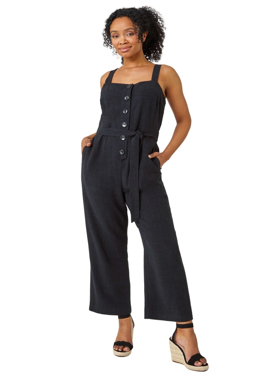 Roman Black Petite Sleeveless Linen Blend Jumpsuit