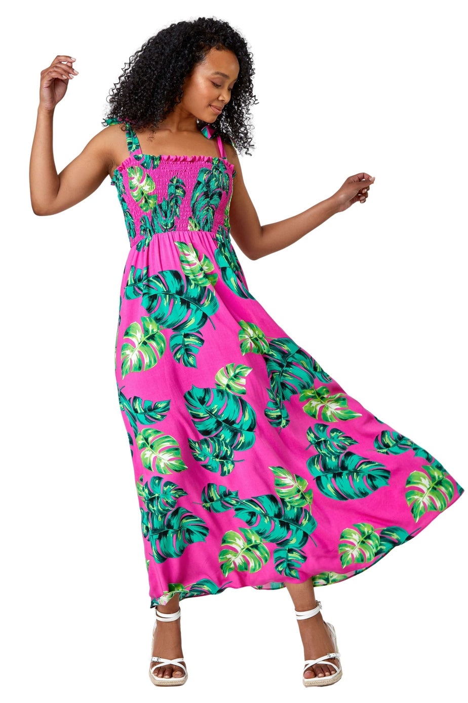 Roman Petite Pink Petite Tropical Print Shirred Maxi Dress
