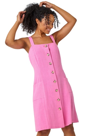 Roman Pink Petite Button Front Pocket Dress