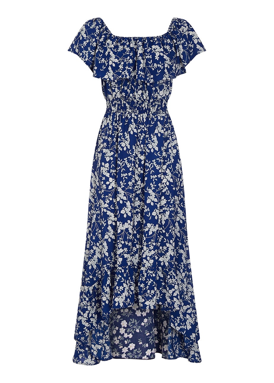 Mela Blue Ditsy Print Bardot Dipped Hem Dress