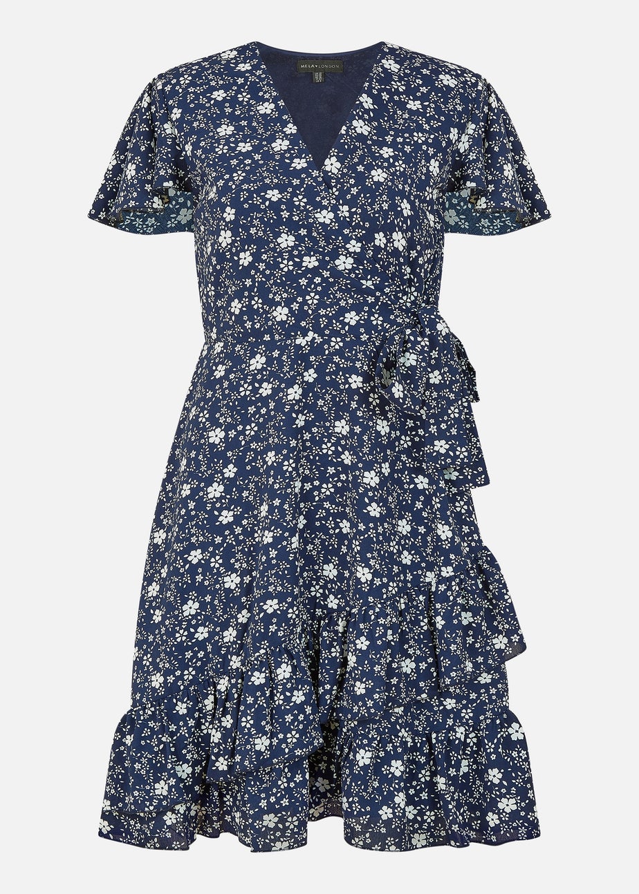 Mela Navy Ditsy Floral Wrap Frill Dress