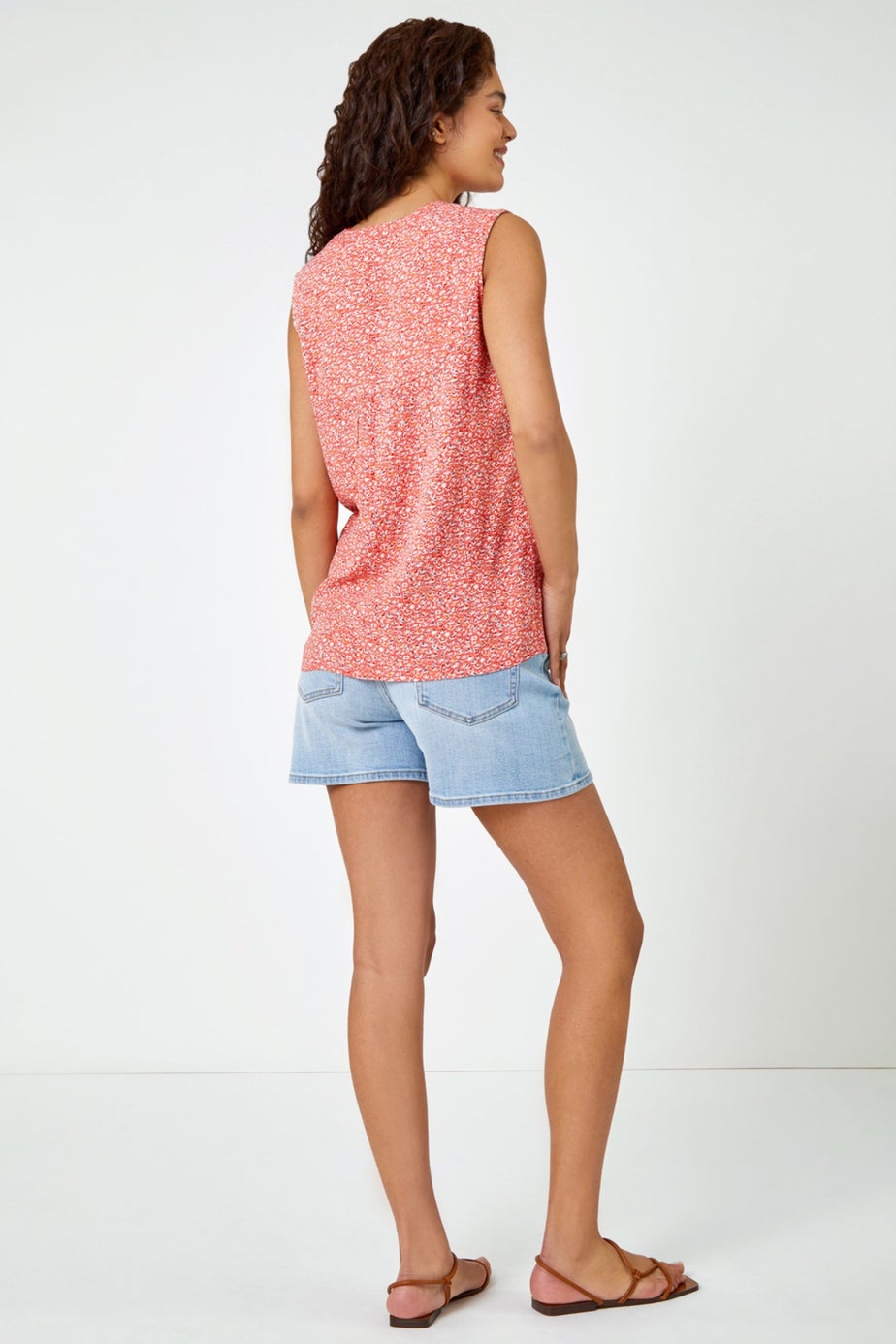 Roman Red Sleeveless V-Neck Ditsy Floral Print Top