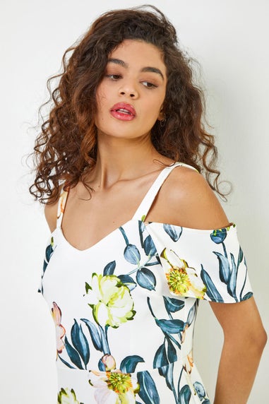 Roman Ivory Floral Cold Shoulder Luxe Stretch Shift Dress