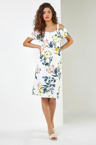 Roman Ivory Floral Cold Shoulder Luxe Stretch Shift Dress