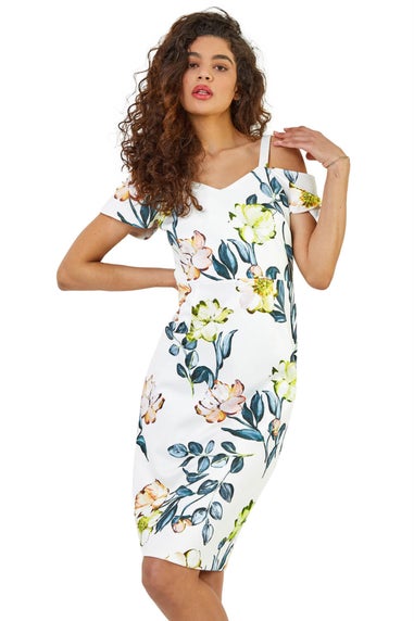 Roman Ivory Floral Cold Shoulder Luxe Stretch Shift Dress