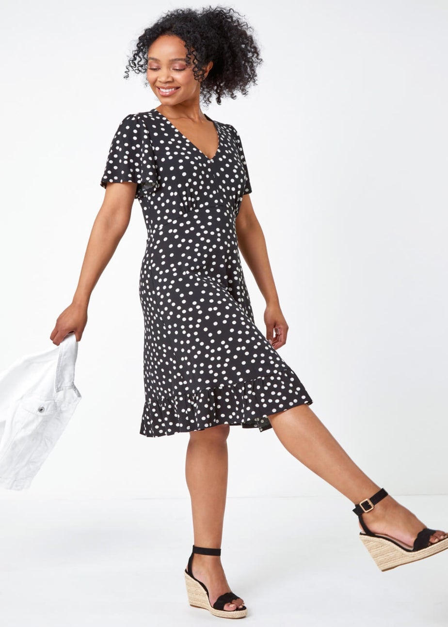 Roman Black Petite Polka Dot Frill Hem Stretch Dress
