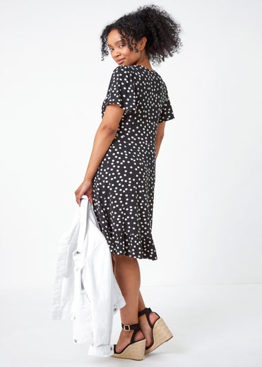 Roman Black Petite Polka Dot Frill Hem Stretch Dress