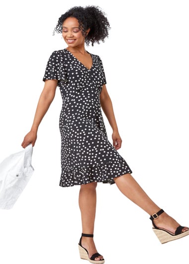 Roman Black Petite Polka Dot Frill Hem Stretch Dress