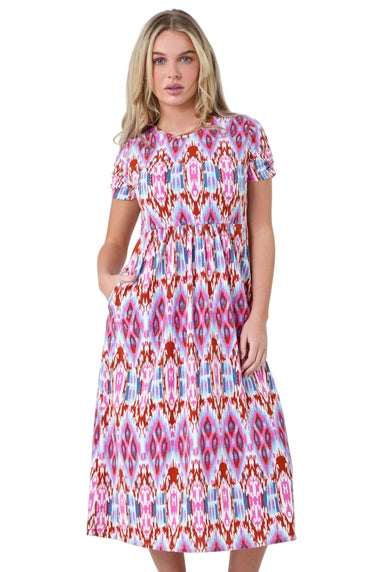 Roman Pink Petite Aztec Print Stretch Pocket Midi Dress