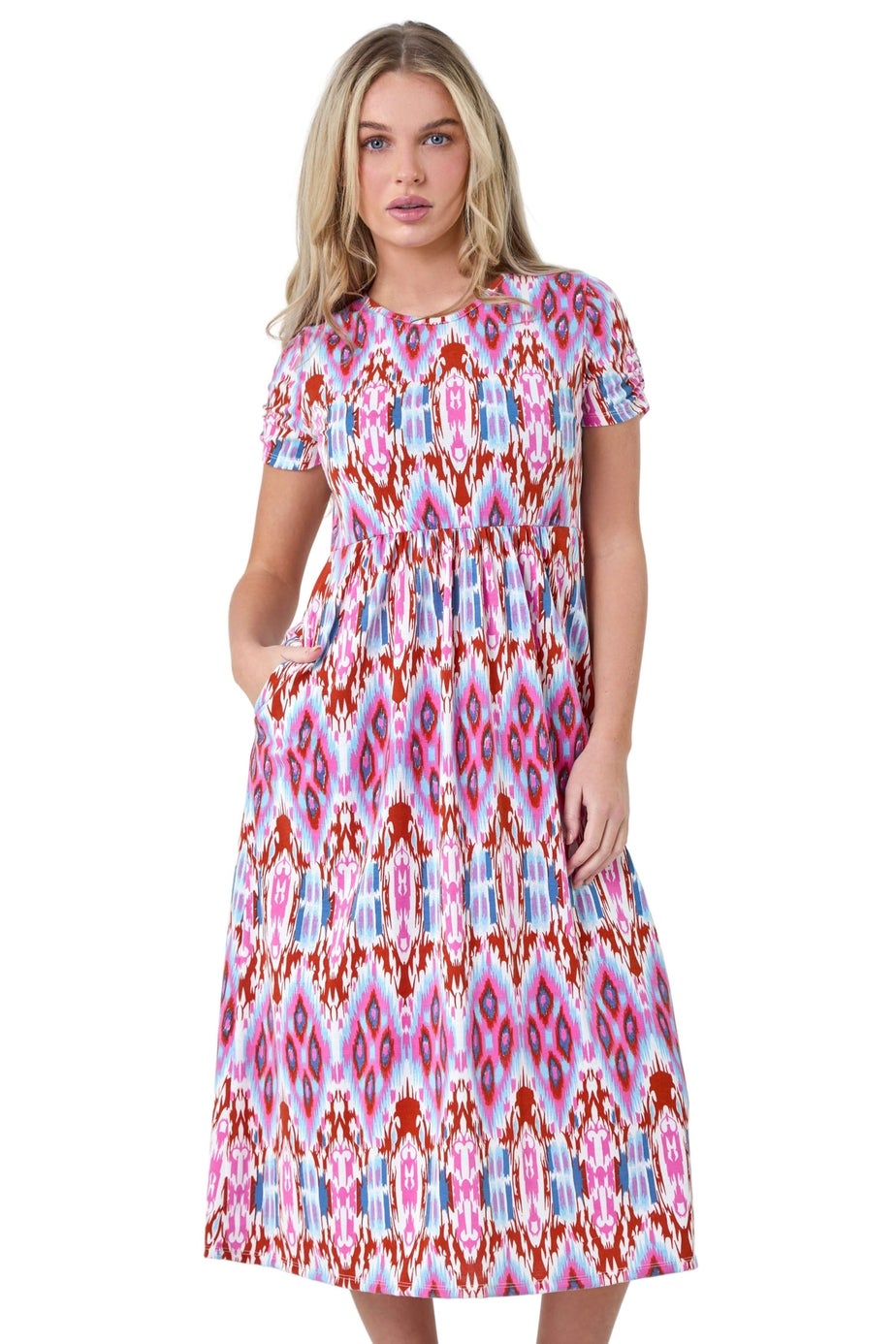 Roman Pink Petite Aztec Print Stretch Pocket Midi Dress