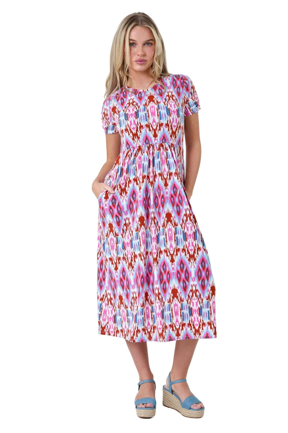 Roman Pink Petite Aztec Print Stretch Pocket Midi Dress