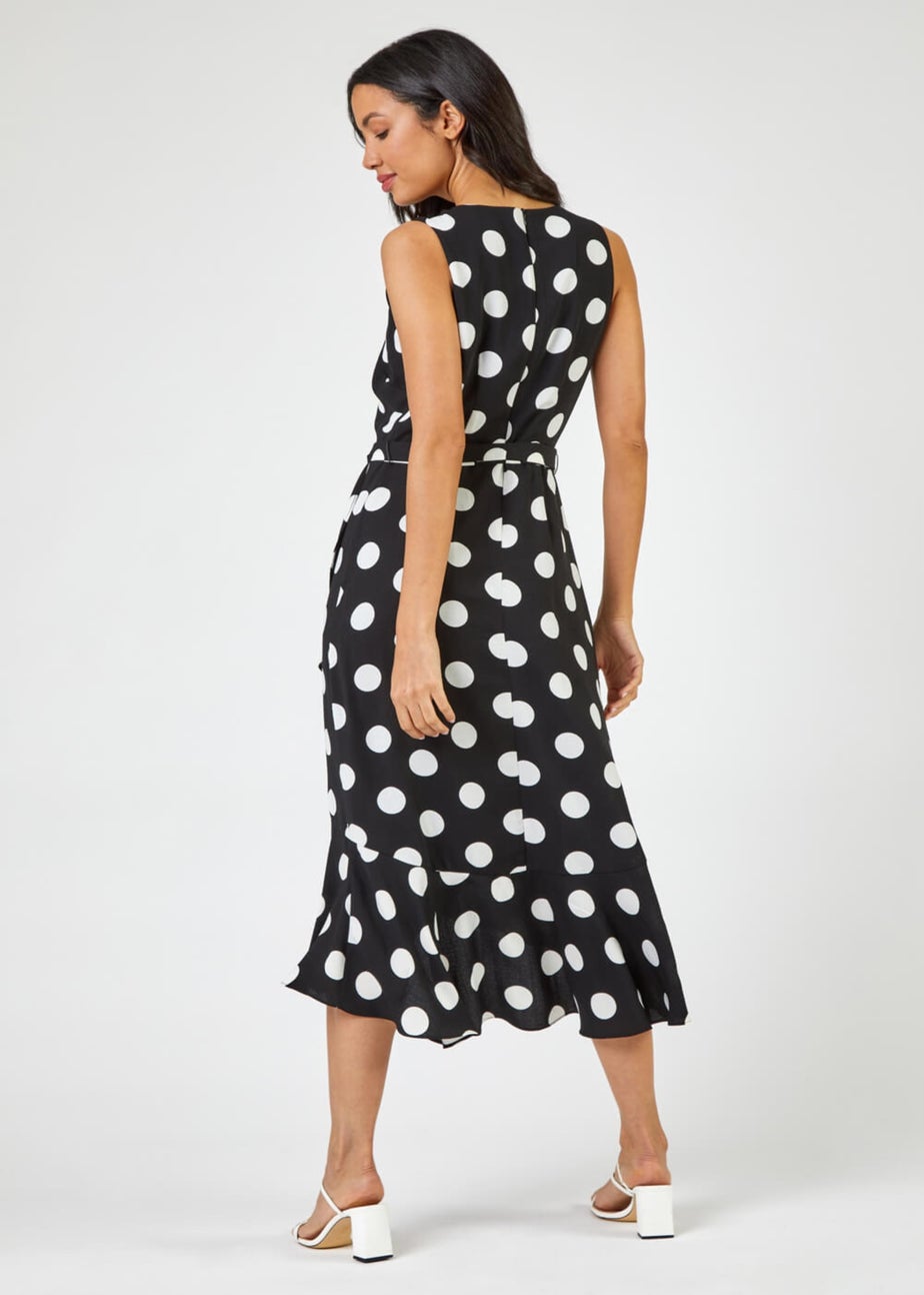 Roman Black Spot Print Frill Hem Wrap Midi Dress