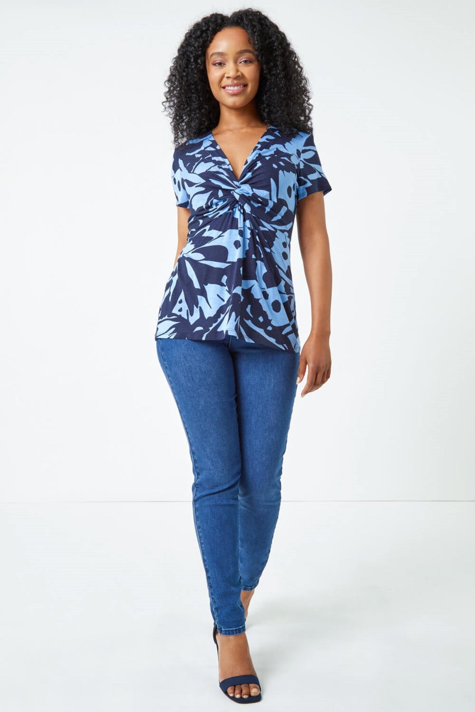 Roman Blue Petite V-Neck Twist Front Abstract Top