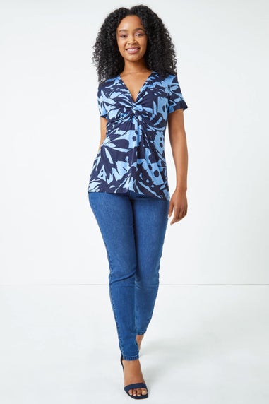Roman Blue Petite V-Neck Twist Front Abstract Top