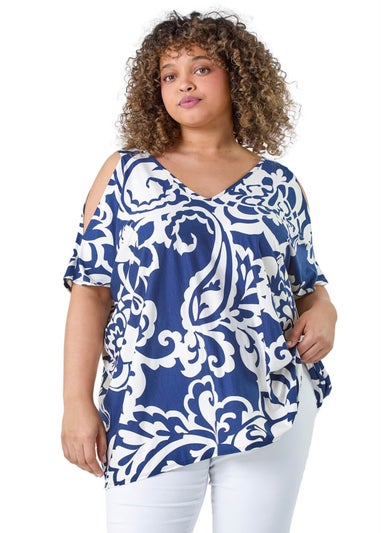 Roman Curve Navy Floral Print Cold Shoulder Top
