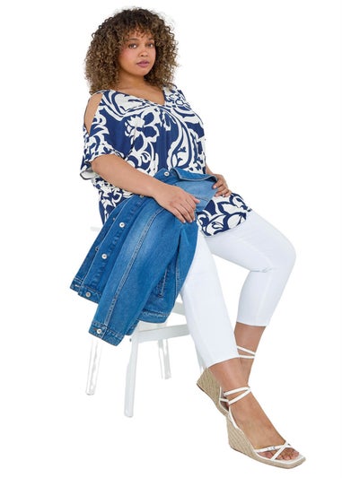 Roman Curve Navy Floral Print Cold Shoulder Top