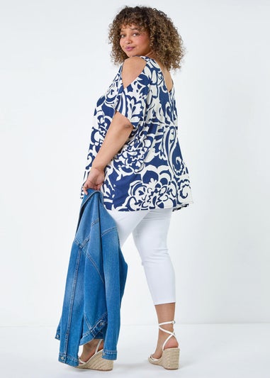 Roman Curve Navy Floral Print Cold Shoulder Top