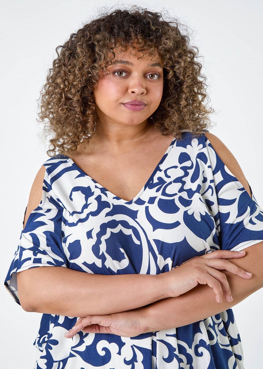 Roman Curve Navy Floral Print Cold Shoulder Top