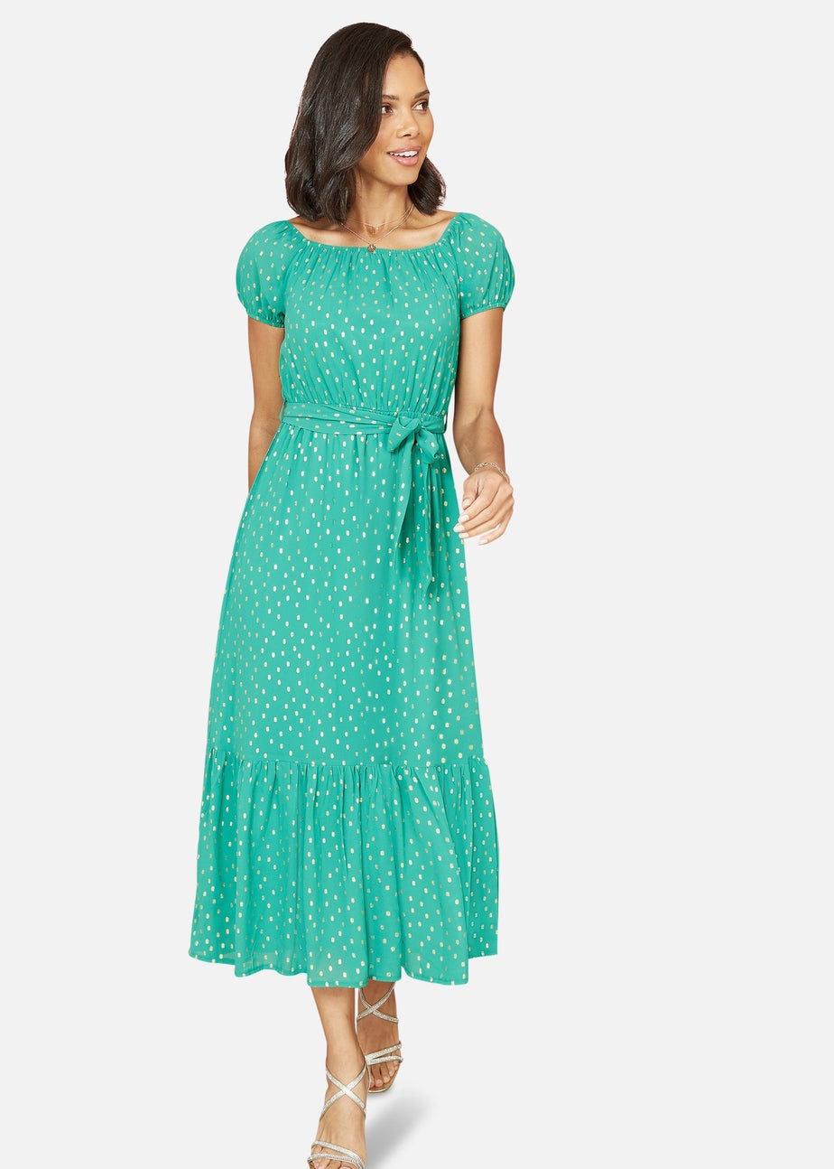 Mela Green Foil Print Bardot Midi Dress