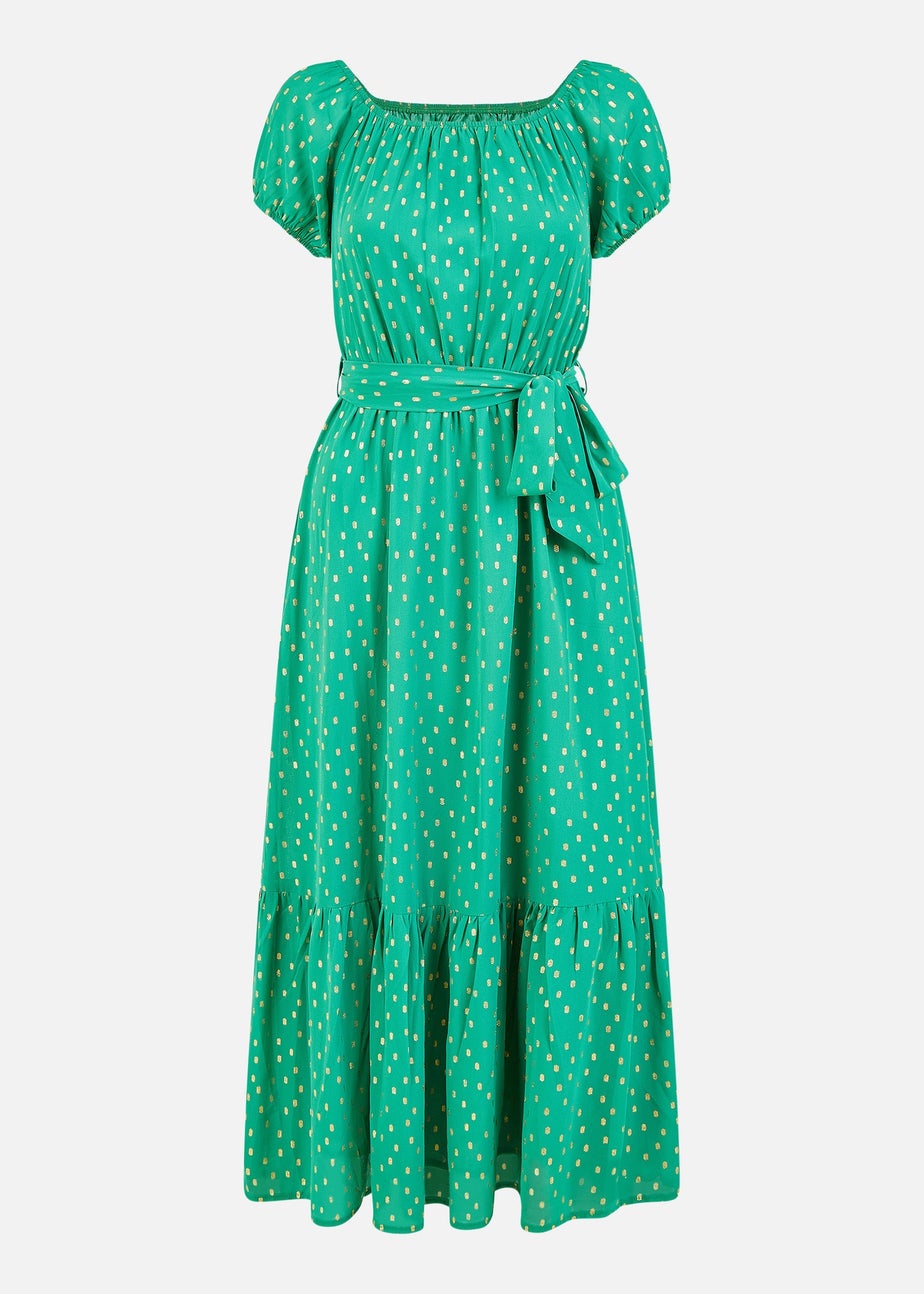 Mela Green Foil Print Bardot Midi Dress