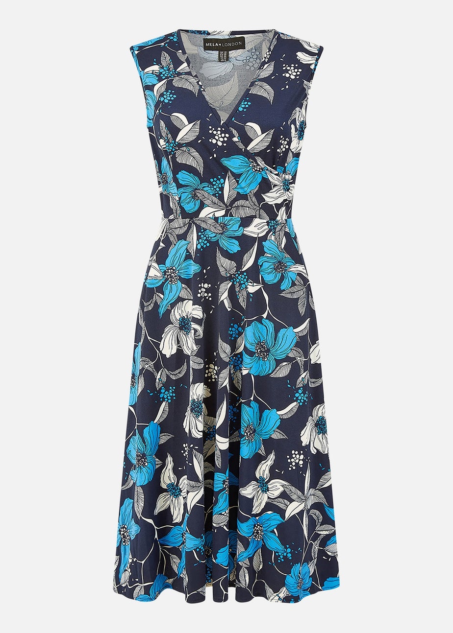 Mela Blue Floral Print Stretch Wrap Over Midi Dress With Pockets