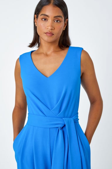 Roman Blue Pleat Detail Wide Leg Stretch Jumpsuit