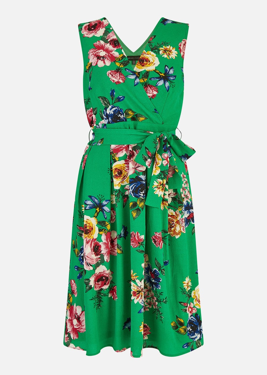 Mela Green Floral Wrap Over Midi Skater Dress