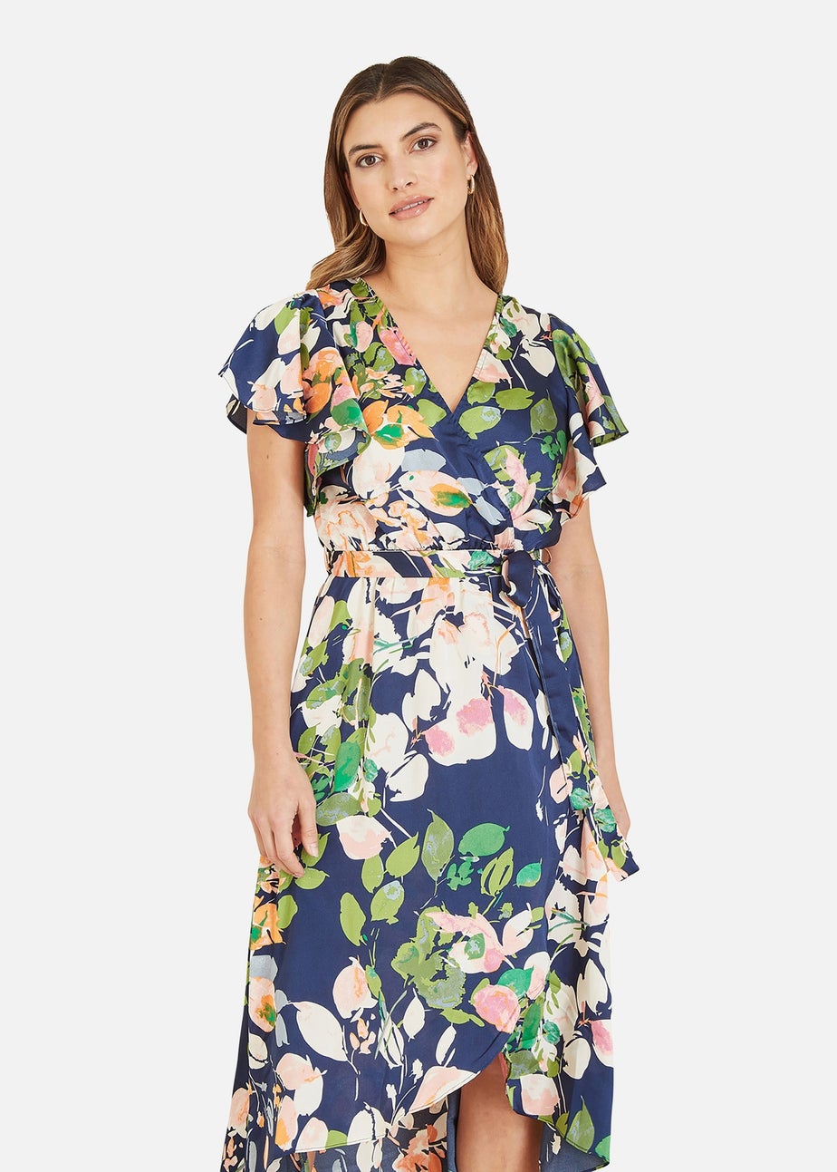 Mela Navy Floral Satin Wrap Over Dress With Frill Sleeve