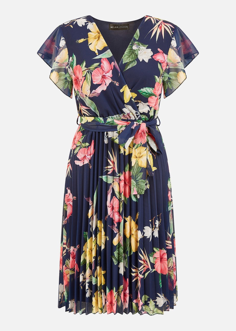 Mela Navy Floral Print Pleated Wrap Skater Dress