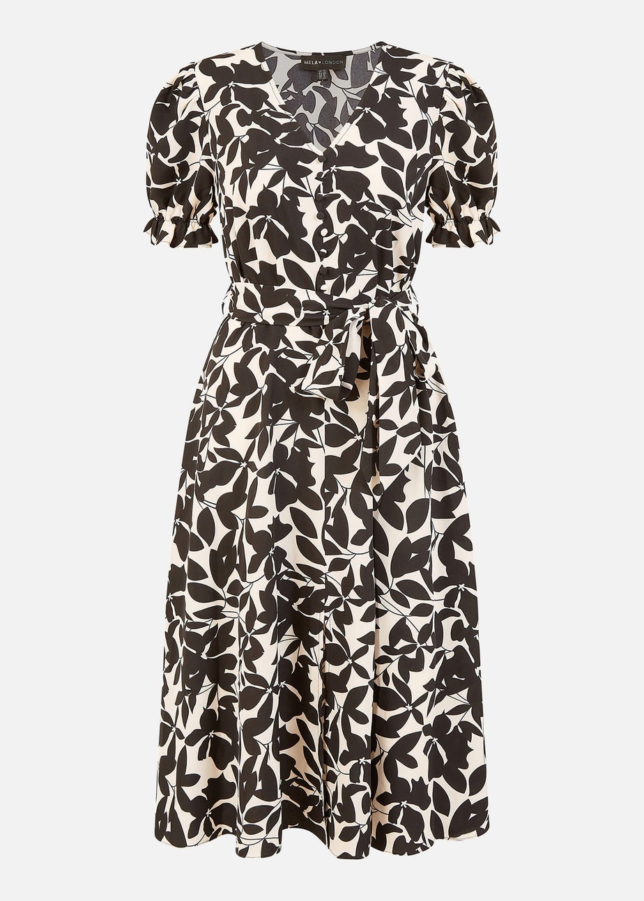 Mela Black And White Leaf Print Midi Tea Dress