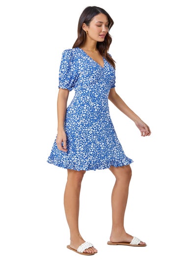 Roman Blue Floral Print Frill Hem Tea Dress