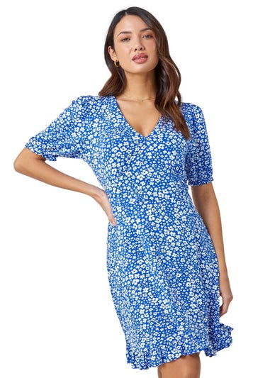 Roman Blue Floral Print Frill Hem Tea Dress