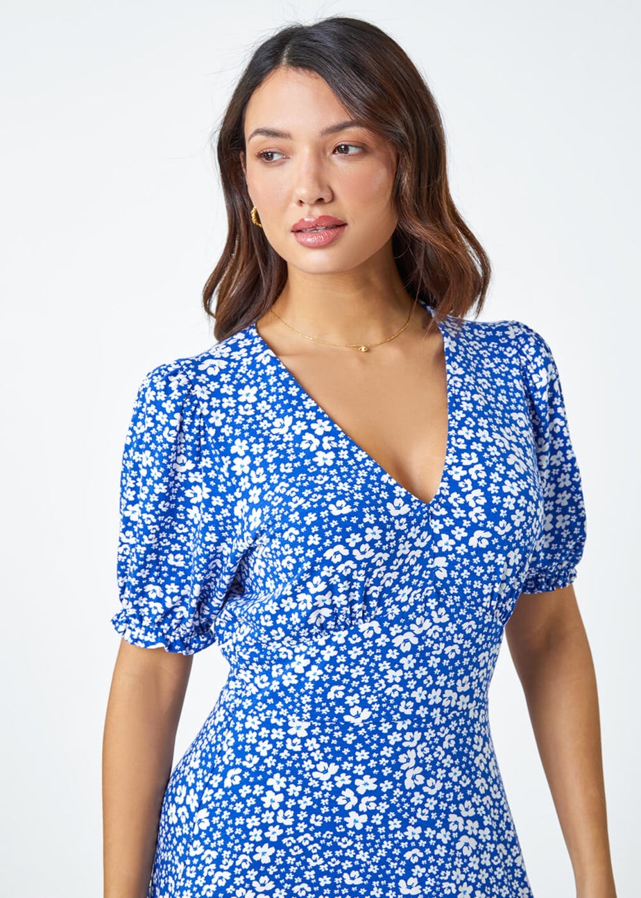 Roman Blue Floral Print Frill Hem Tea Dress