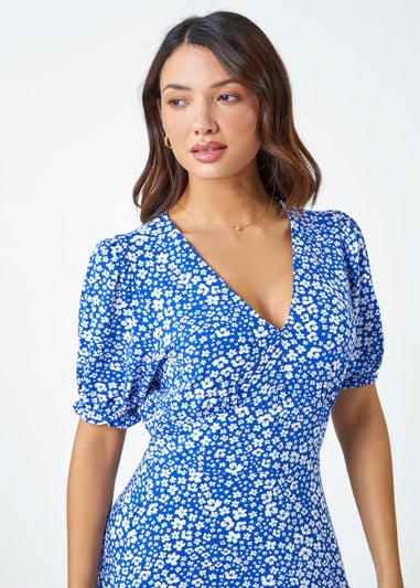 Roman Blue Floral Print Frill Hem Tea Dress