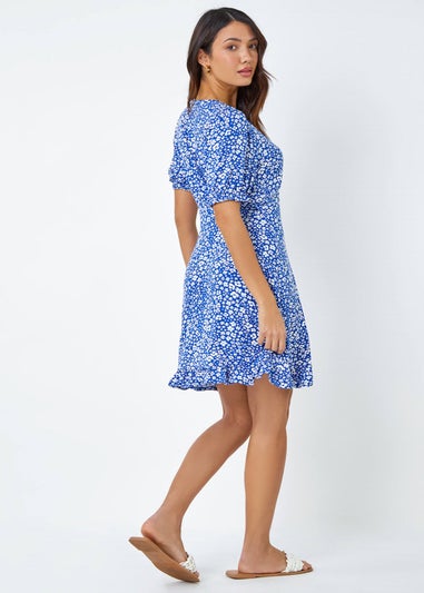 Roman Blue Floral Print Frill Hem Tea Dress