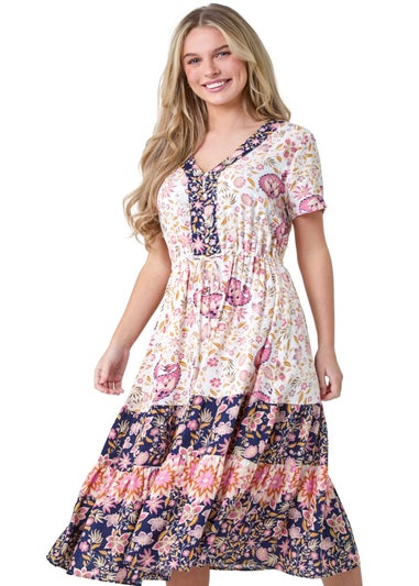 Roman Light Pink Petite Floral Border Print Midi Dress