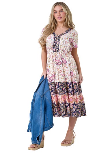 Roman Light Pink Petite Floral Border Print Midi Dress