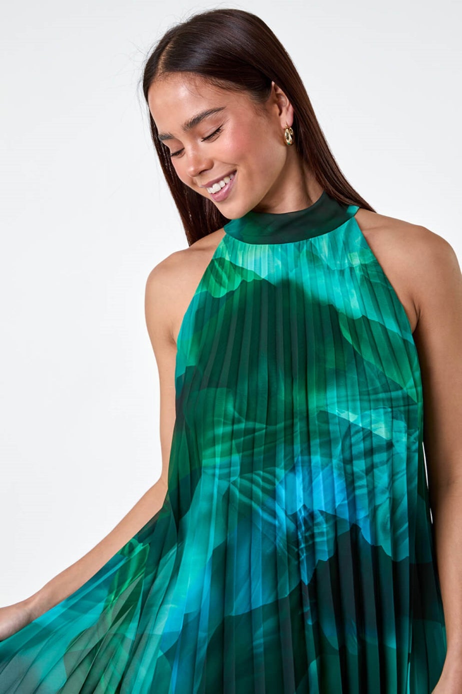 Roman Petite Dark Green Petite Abstract Halter Neck Pleated Dress