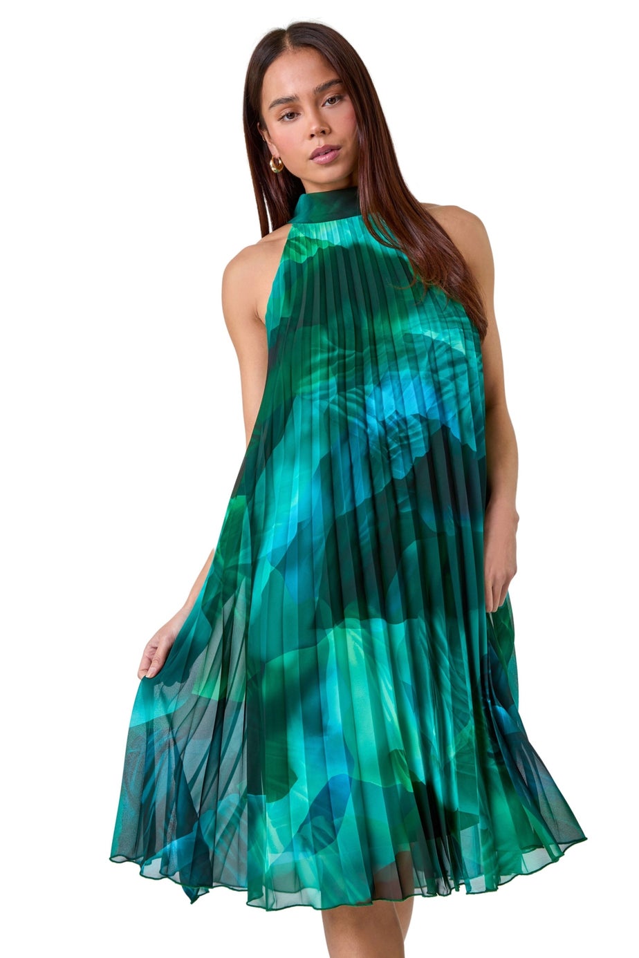 Roman Petite Dark Green Petite Abstract Halter Neck Pleated Dress