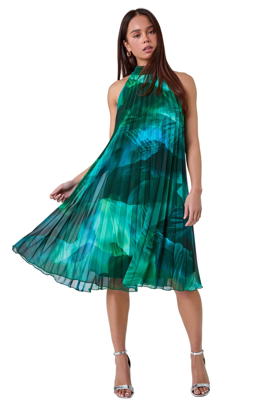 Roman Petite Dark Green Petite Abstract Halter Neck Pleated Dress