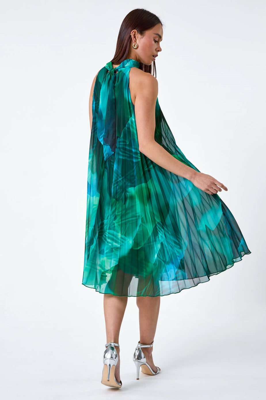 Roman Petite Dark Green Petite Abstract Halter Neck Pleated Dress