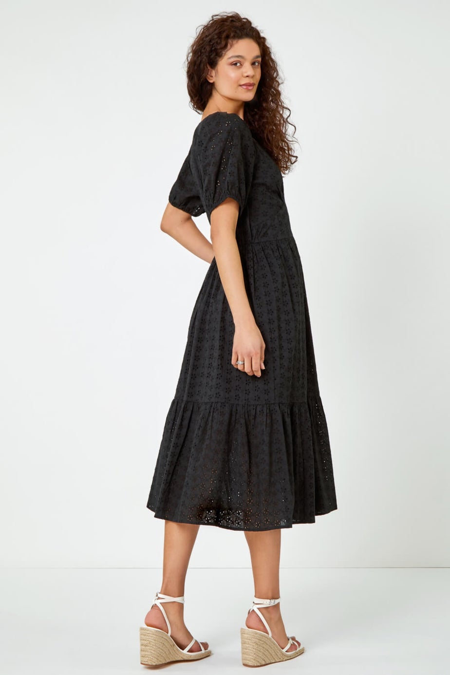 Roman Black Broderie Puff Sleeve Cotton Midi Dress