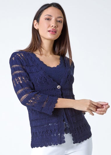 Roman Navy Crochet Single Button V-Neck Cardigan