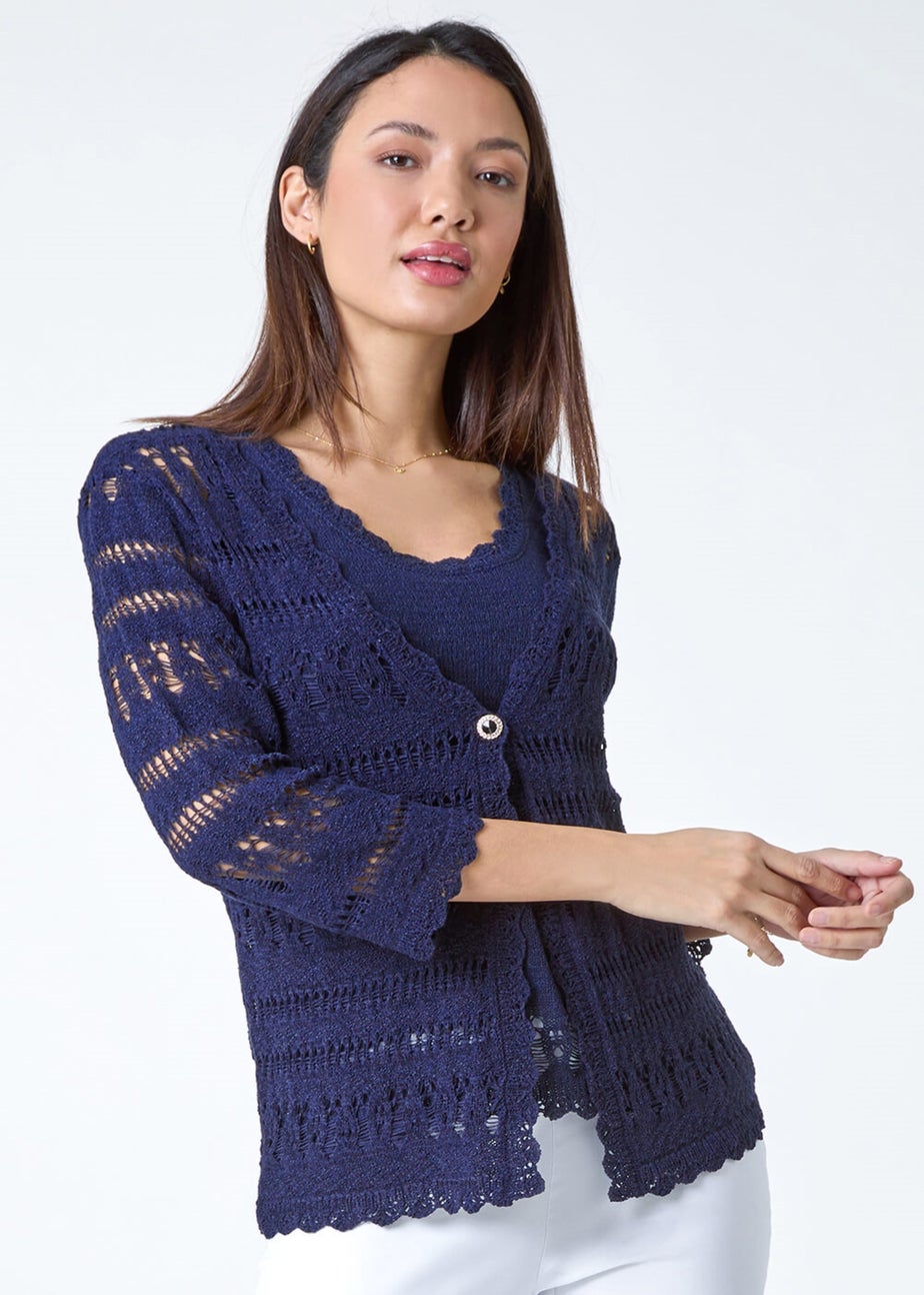Roman Navy Crochet Single Button V-Neck Cardigan