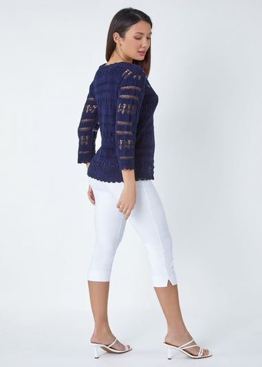 Roman Navy Crochet Single Button V-Neck Cardigan