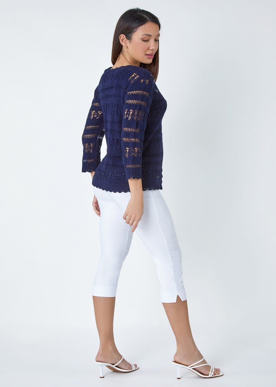 Roman Navy Crochet Single Button V-Neck Cardigan