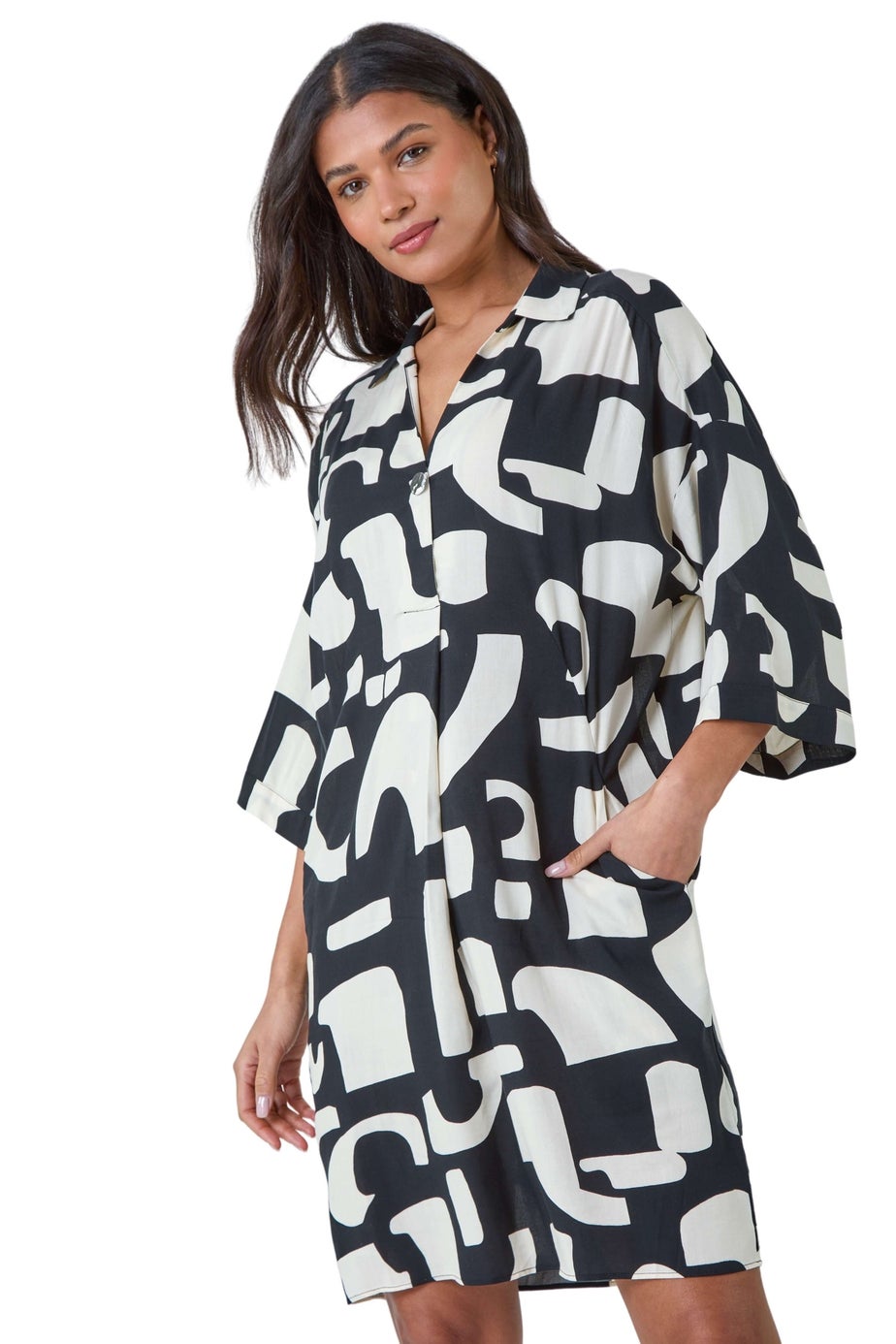 Roman Black Abstract Pocket Detail Cocoon Shirt Dress